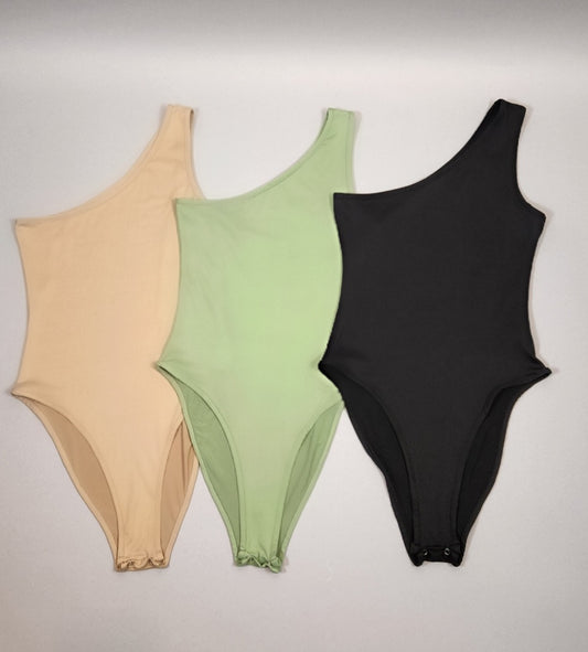 Cutting Edge One Shoulder Bodysuits (Khaki, Basil, Black)