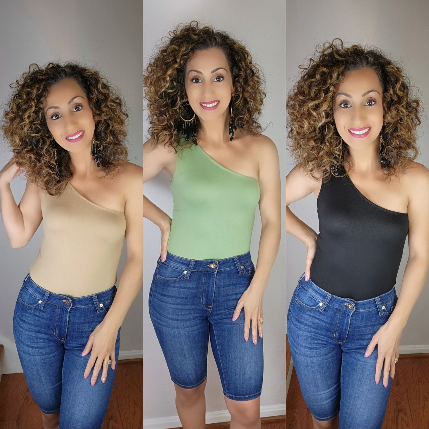Cutting Edge One Shoulder Bodysuits (Khaki, Basil, Black)